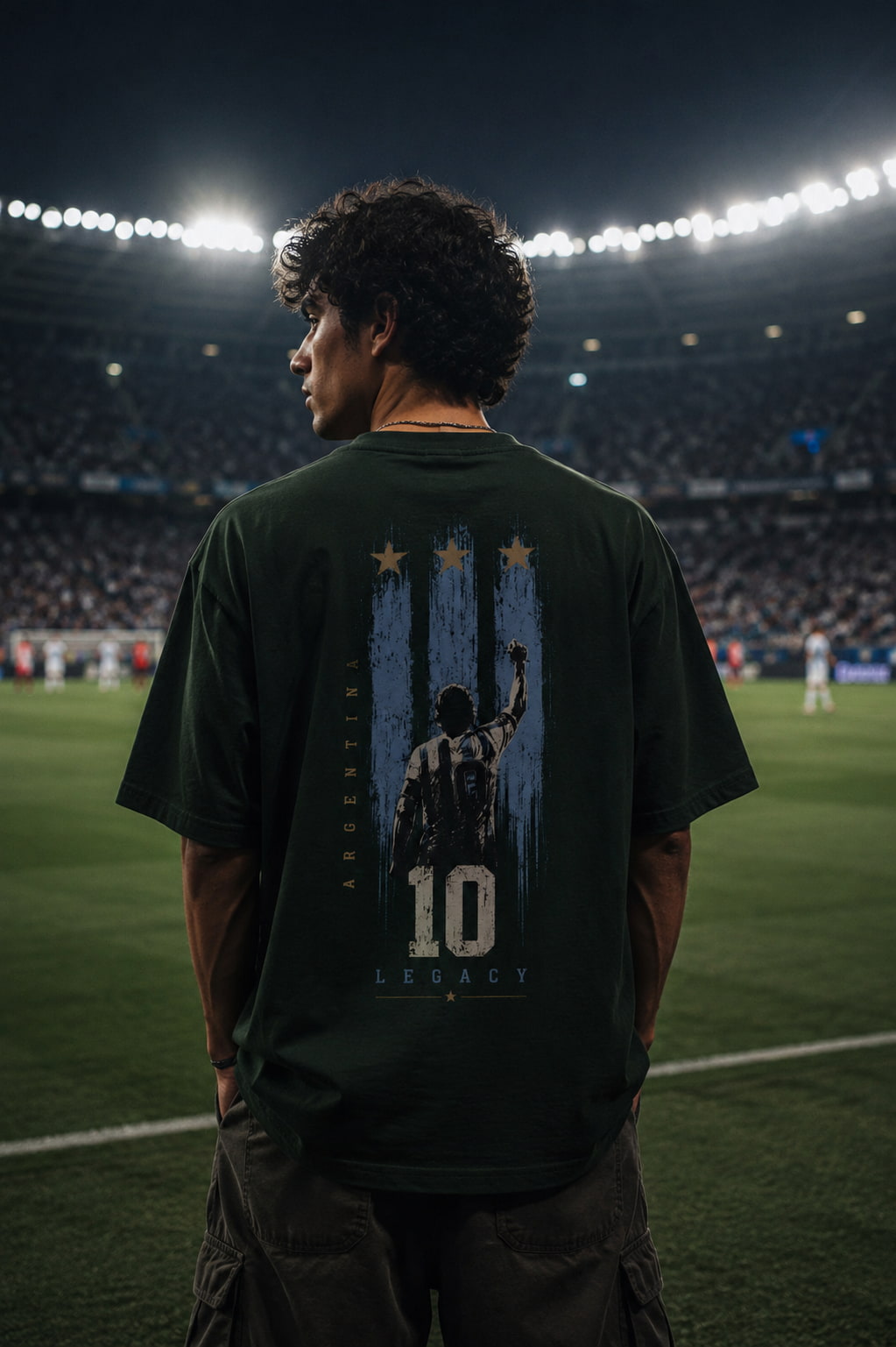 Person wearing a green t-shirt with a graphic design on a soccer field at night.