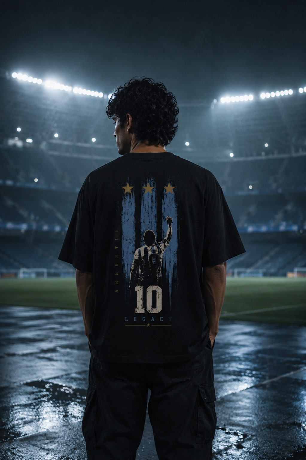 Person wearing a black t-shirt with a graphic design of a soccer player and number 10, standing on a wet stadium field at night.