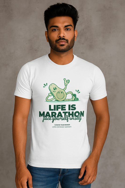 Man wearing a white t-shirt with a green graphic and text on a gray background