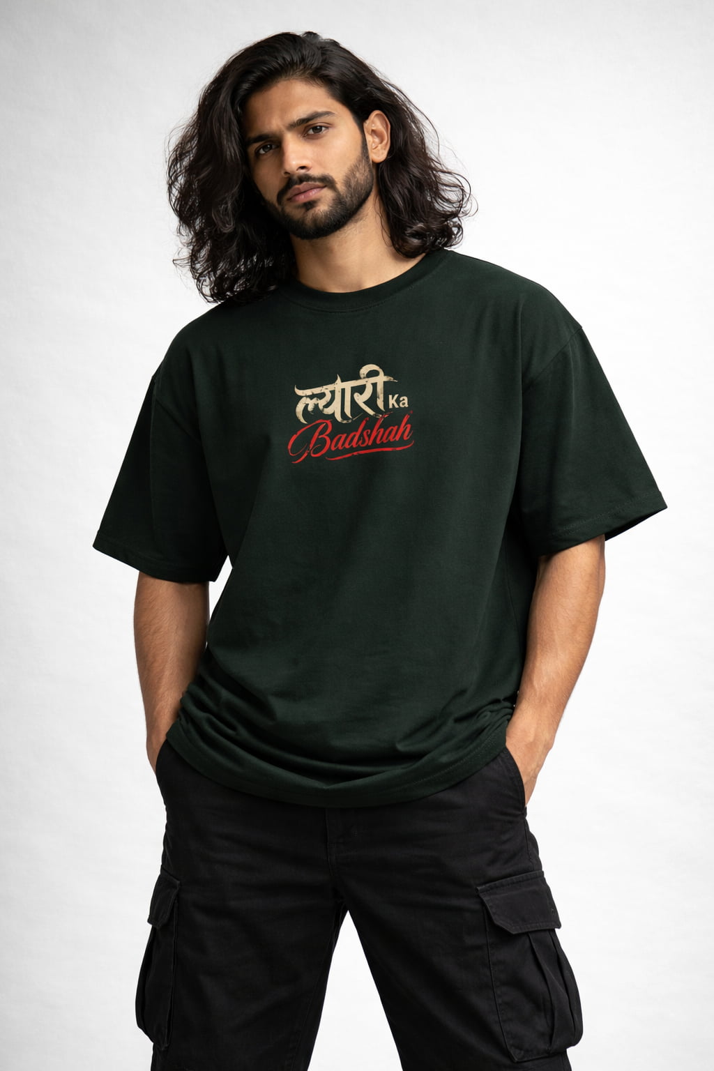 Man wearing a black t-shirt with text on a white background
