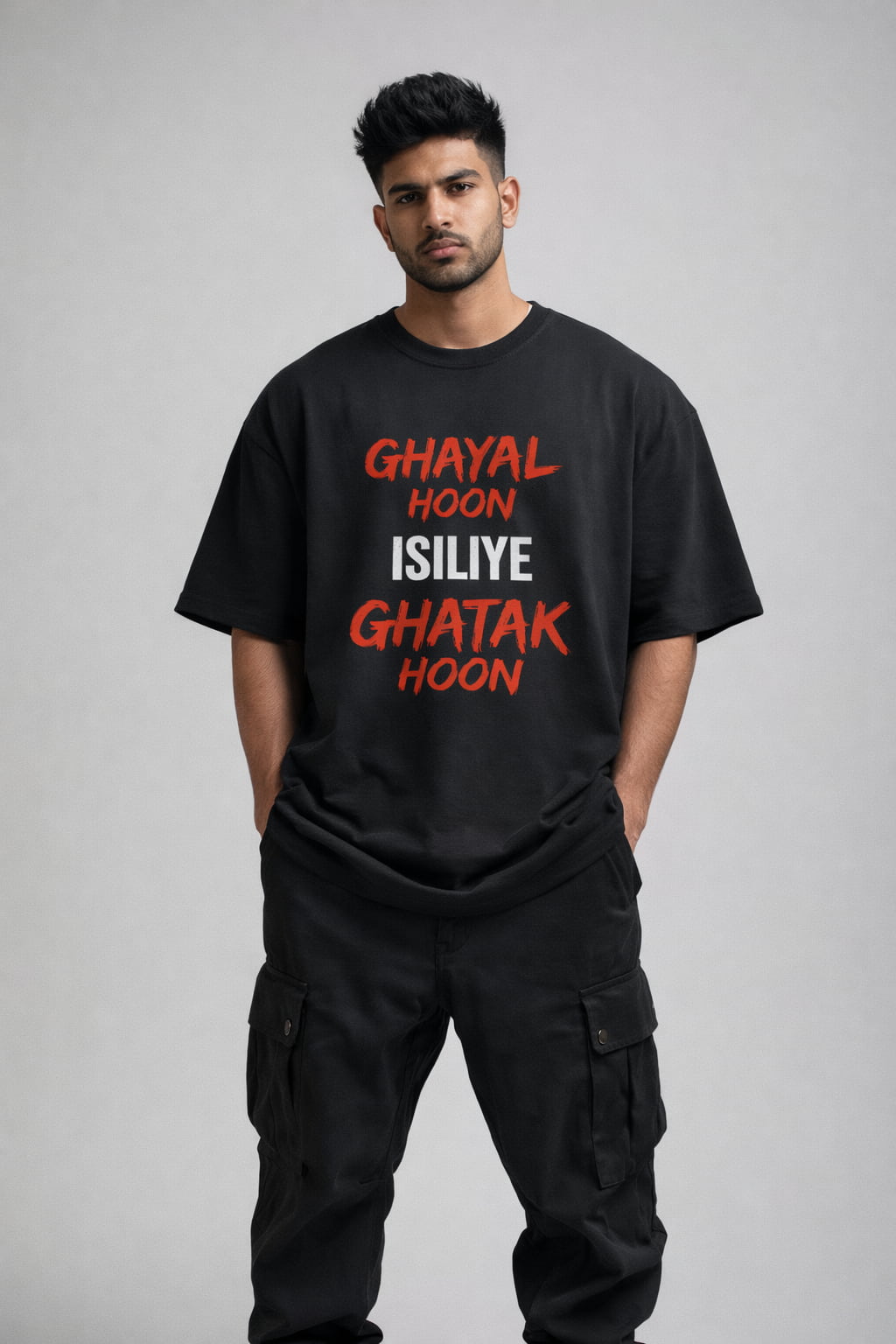 Person wearing a black t-shirt with red and white text on a gray background