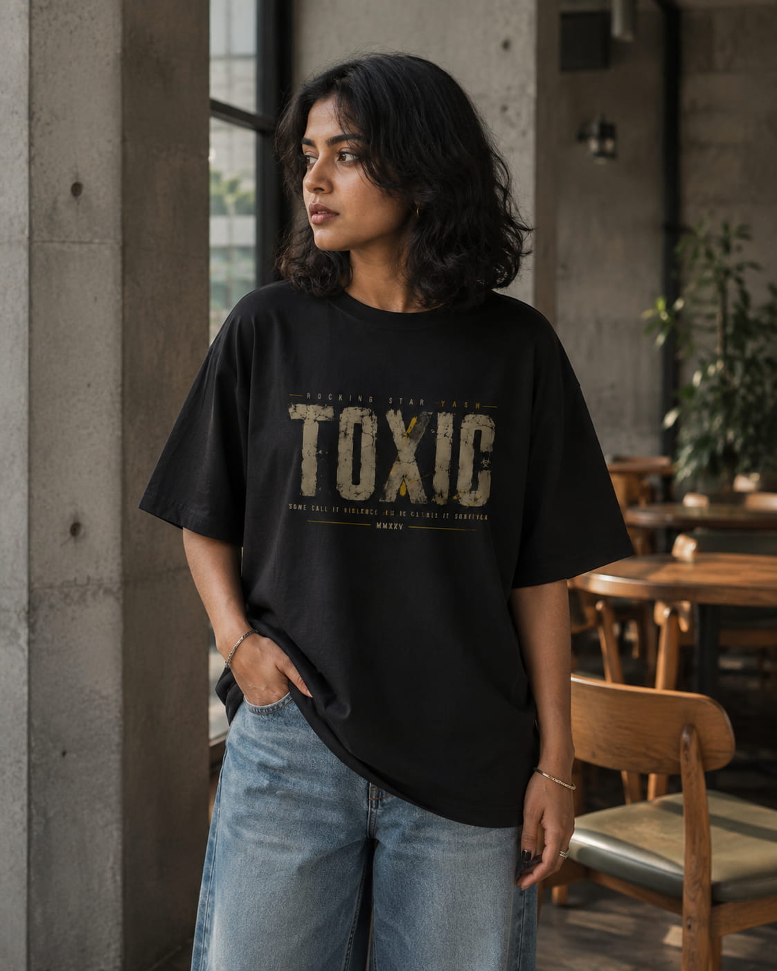 Contemplative Cafe Portrait in Streetwear FRONT FEMALE
