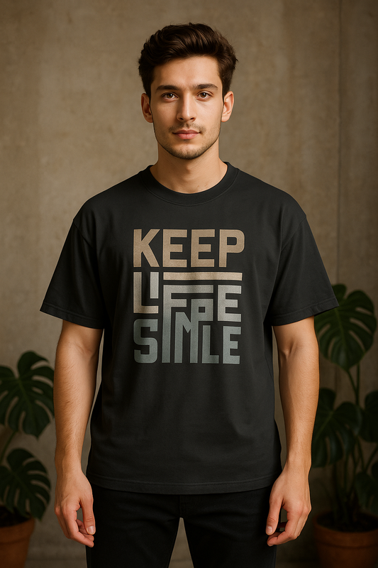 Man wearing a black t-shirt with 'KEEP LIFE SIMPLE' text against a brown background