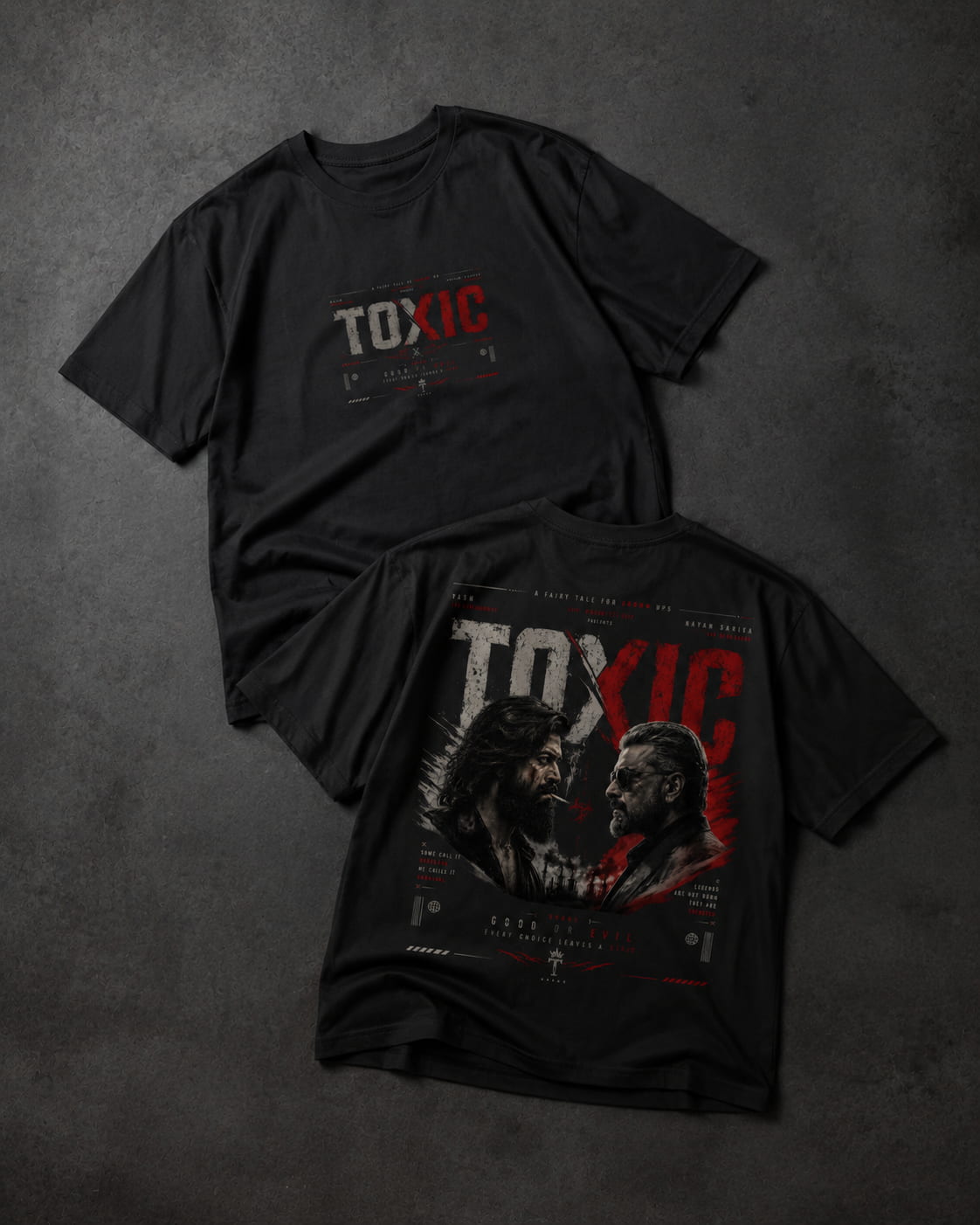 Two black graphic T-shirts laid flat on a dark textured background, showing the front and back designs for the movie Toxic.