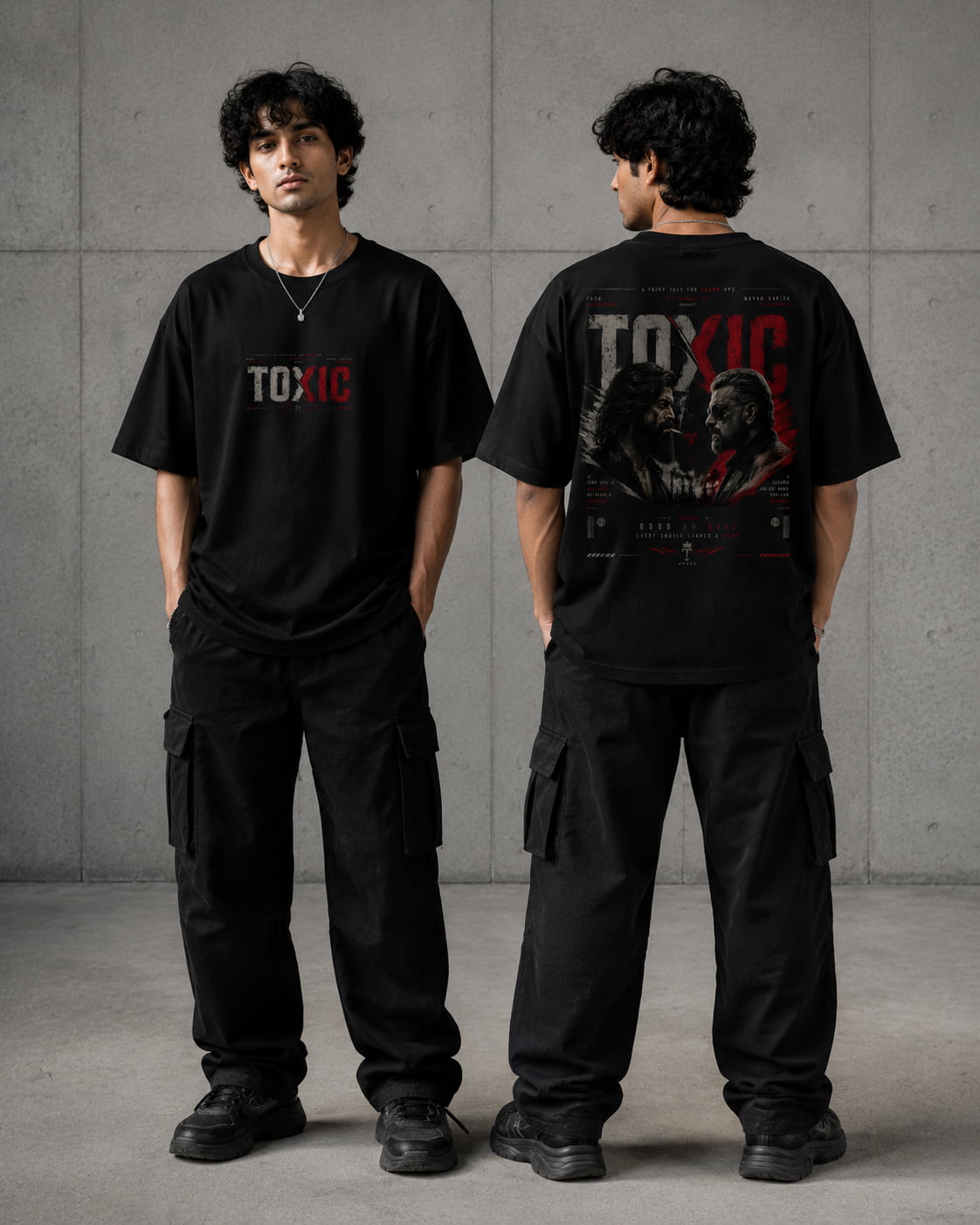 A man modeling a black graphic T-shirt in front and back views, paired with black cargo pants, standing against a gray concrete wall. The front of the shirt features the word 'TOXIC' in red and white, while the back displays a large red and white horror-themed graphic.