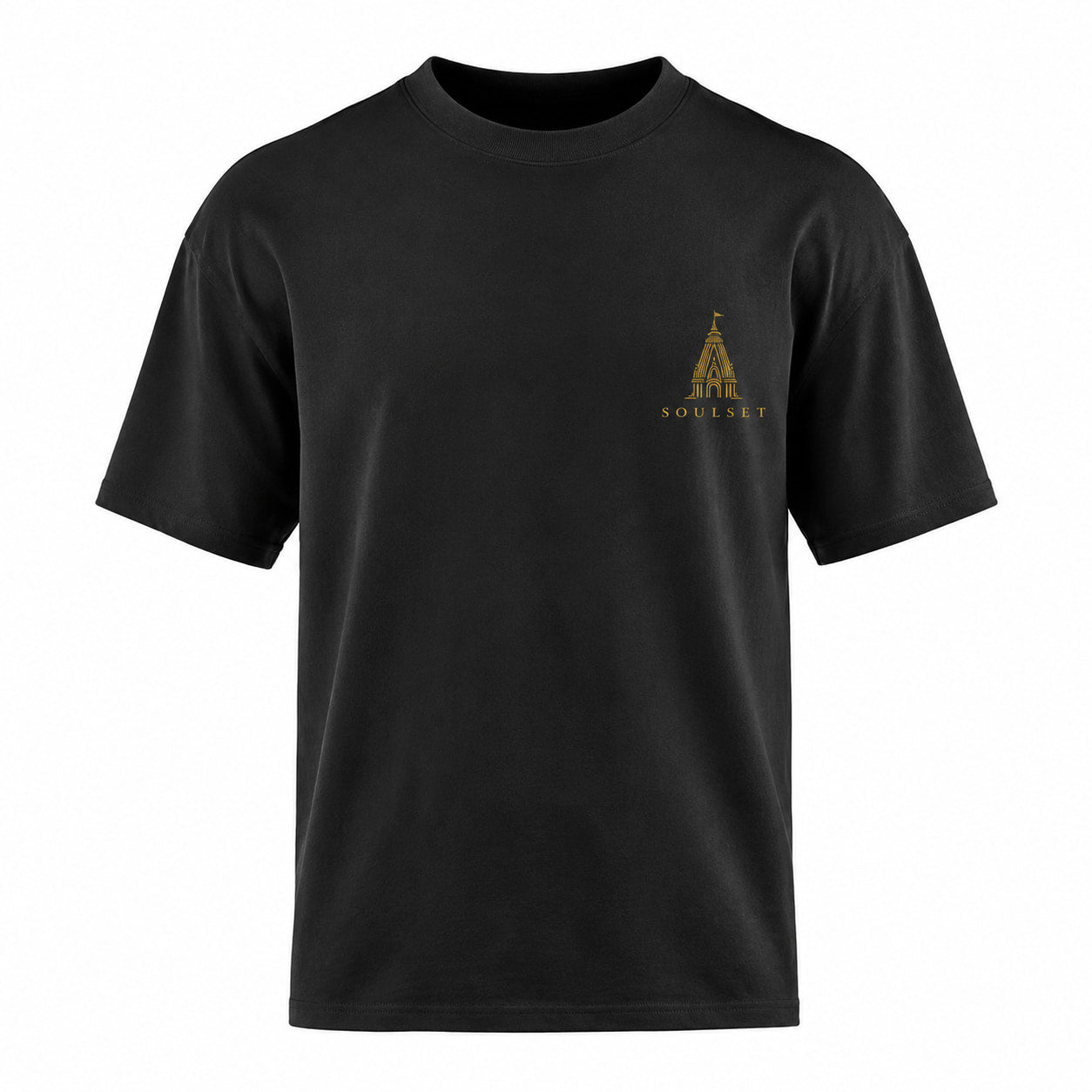 A black short-sleeve crewneck t-shirt with a small gold graphic logo on the left chest, displayed on a solid white background.