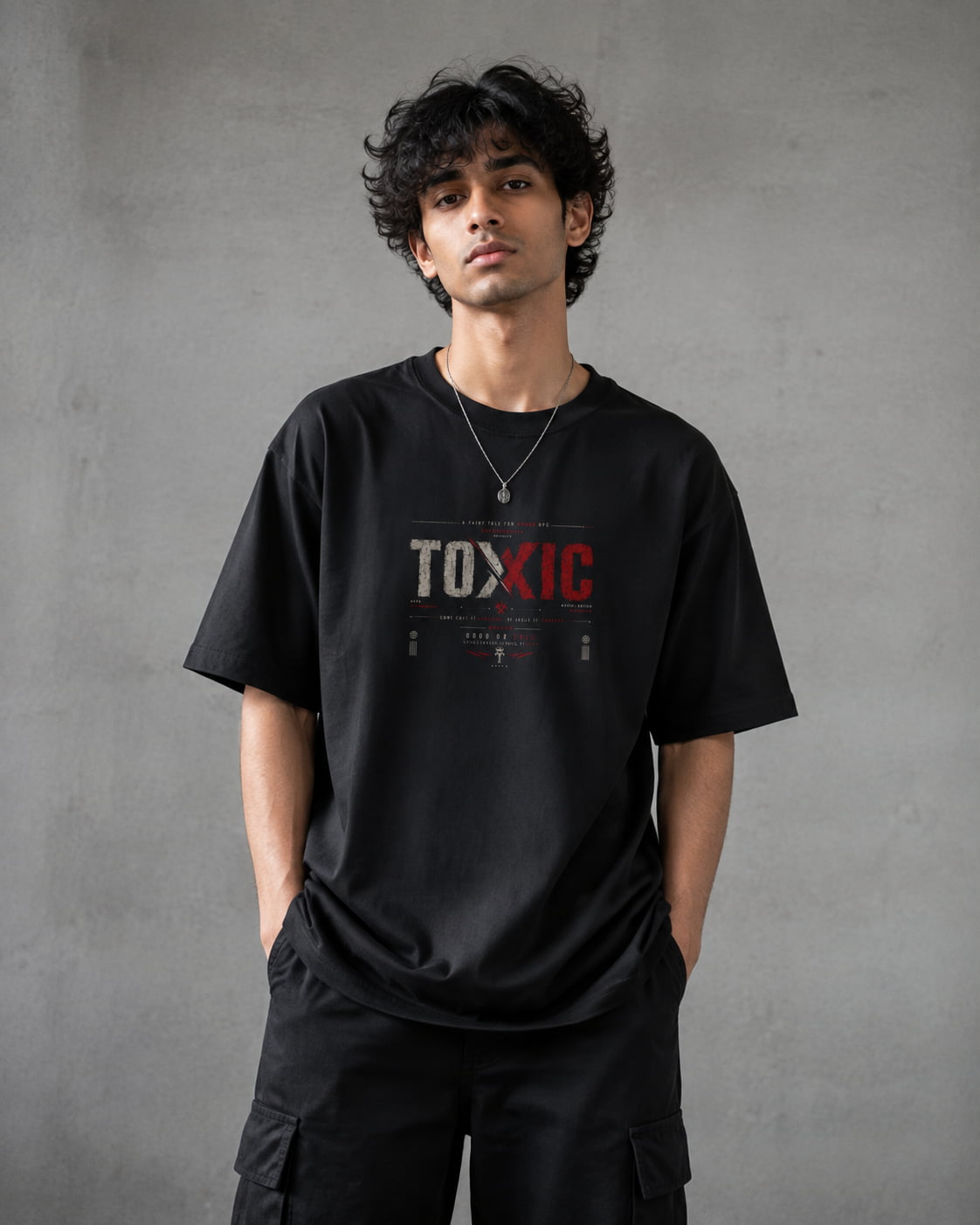 A man wearing a black graphic t-shirt with 'TOXIC' printed on the chest in white and red, paired with black cargo pants, standing against a textured gray wall.