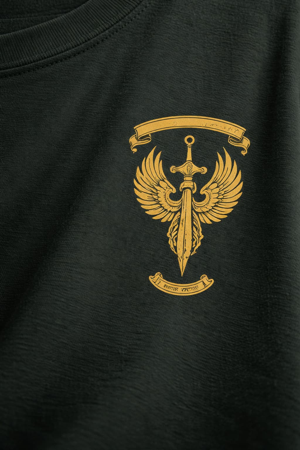 Black t-shirt with gold emblem featuring wings and a sword on a dark background