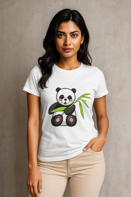 Happy Panda women’s t-shirt – cotton graphic tee with cute panda and bamboo design
