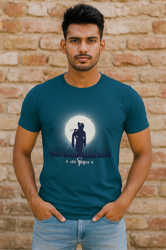 Young Indian male model wearing a royal blue oversized T-shirt with Krishna silhouette playing flute under a full moon and Hindi text “जय श्रीकृष्णा”.