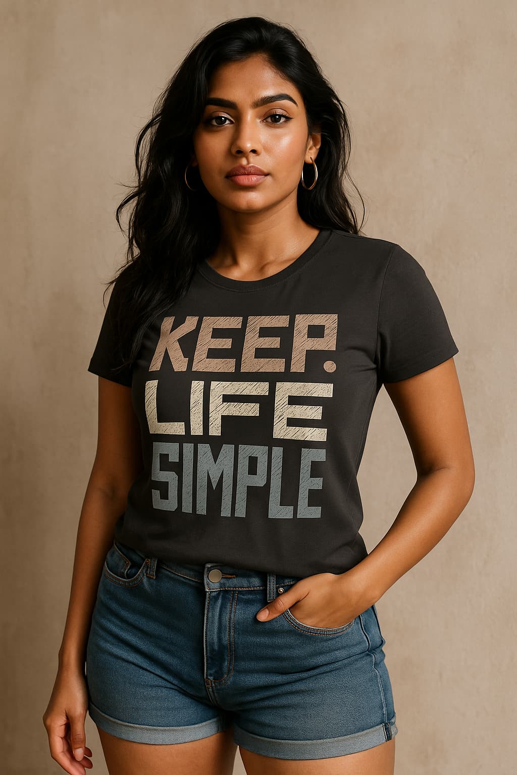 Woman wearing a black t-shirt with 'KEEP LIFE SIMPLE' text against a beige background