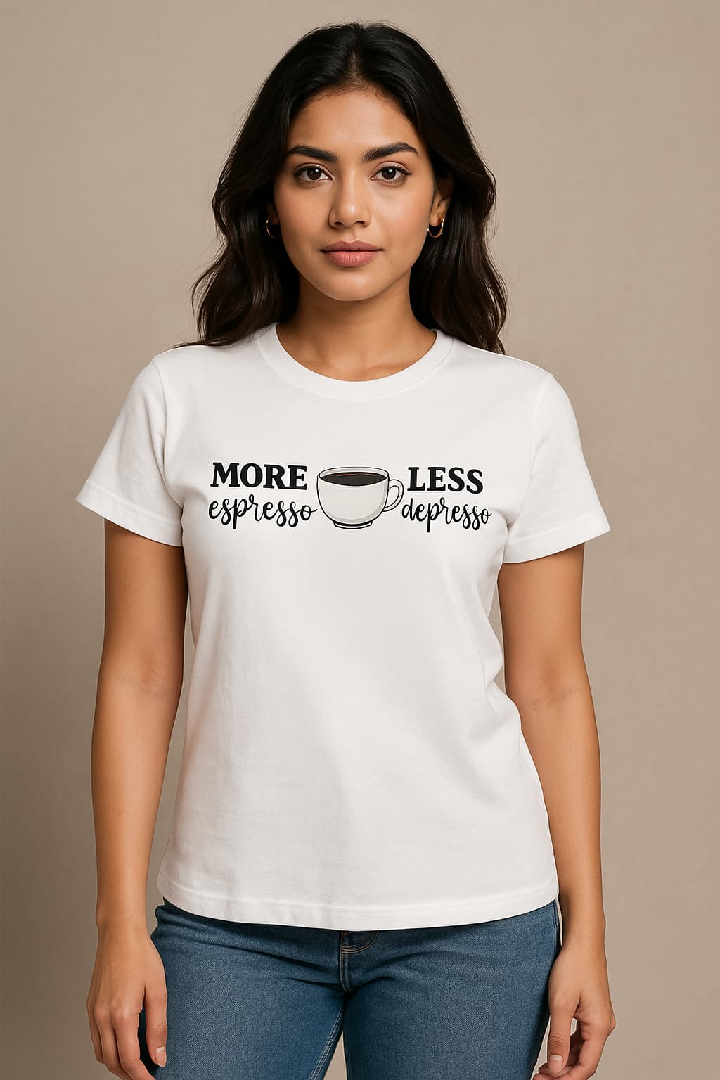 More Espresso Less Depresso t-shirt – cotton graphic tee with coffee quote design