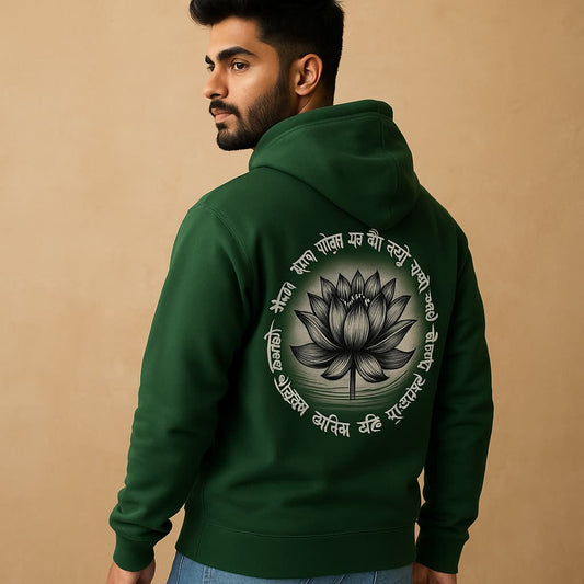 Model wearing SoulSet 'Shri Krishna Silhouette' Hoodie with front and back design, soft cotton, unisex streetwear style