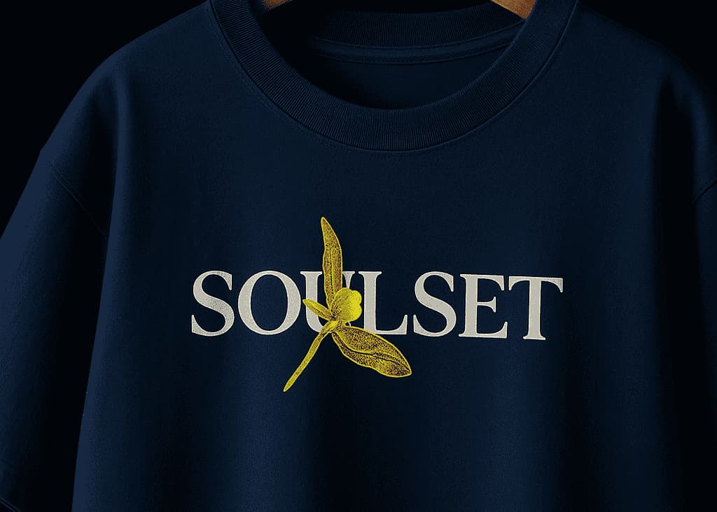 Navy blue sweatshirt with 'SOUSET' logo featuring a yellow leaf design on a black background