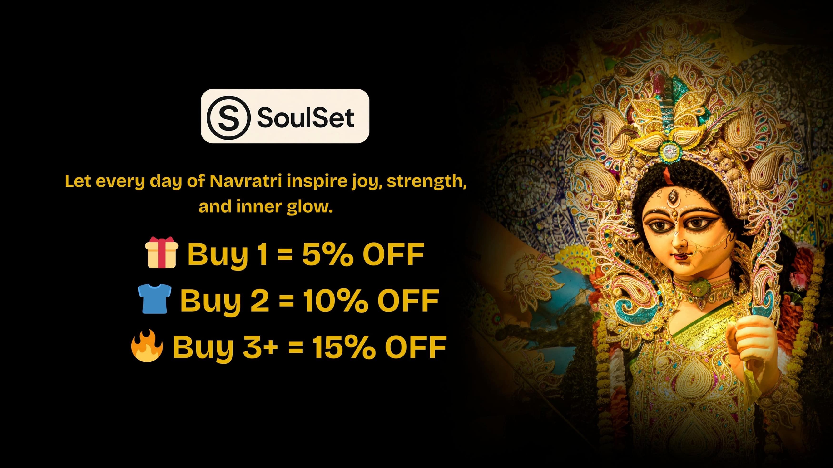 Promotional banner for SoulSet with a deity image and discount information on a dark background