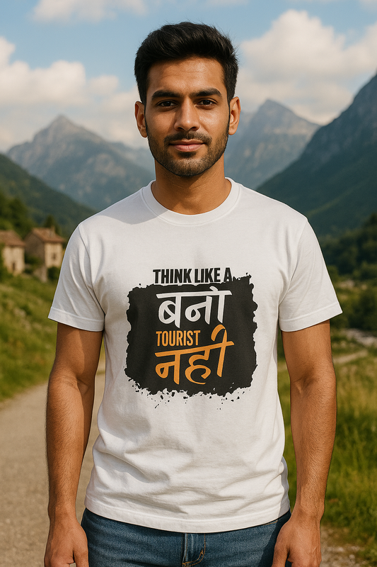 Traveller Bano tourist nahi tee – white men’s t-shirt with bold travel quote

