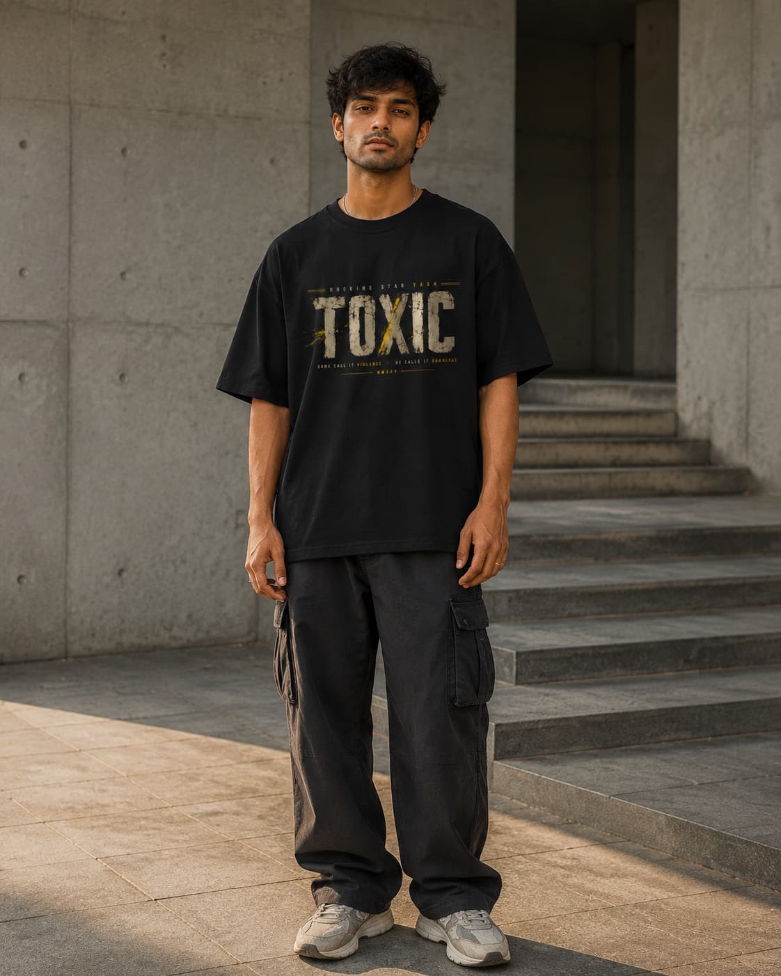A man wearing a black graphic t-shirt with a distressed gold and white 'TOXIC' print, paired with dark cargo pants and white sneakers, standing in front of a concrete building with steps.