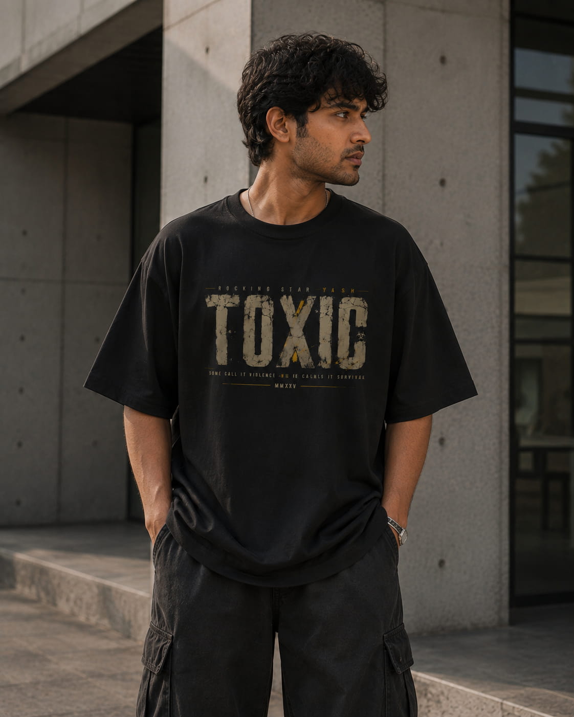 A man wearing a black oversized graphic t-shirt with 'TOXIC' printed in distressed beige letters, standing outdoors in front of a concrete building.