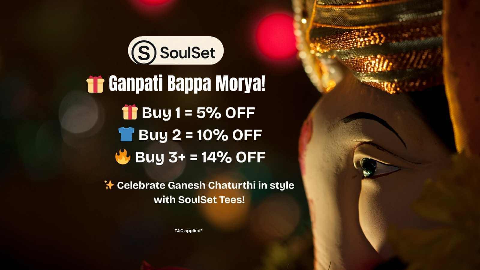 Promotional banner for SoulSet with Ganpati Bappa Morya and discount information.